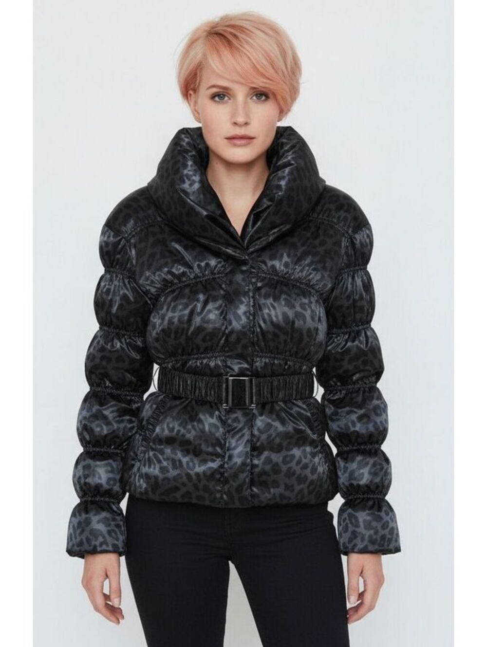 Worn Once - Size L - Chic bebe Black Shiny Cheetah belted hooded puffer jacket